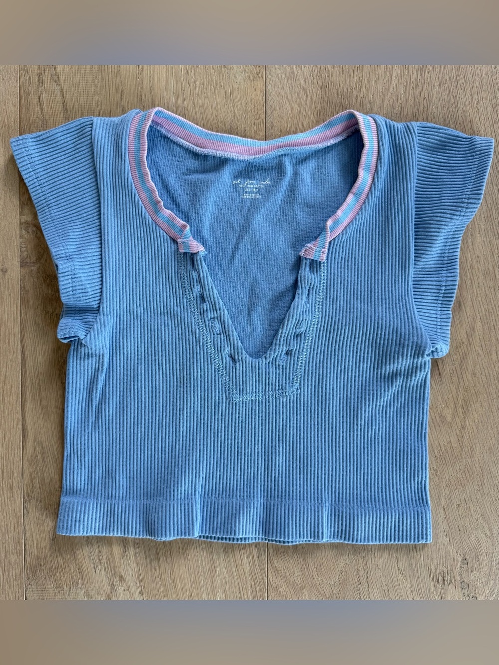 Urban Outfitters Sky Blue Ribbed Tee with White Logo Print